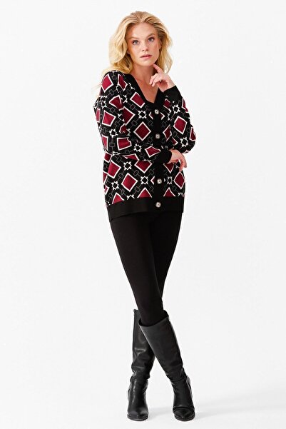 Desen Triko Women's V-Neck Square Patterned Cardigan Black