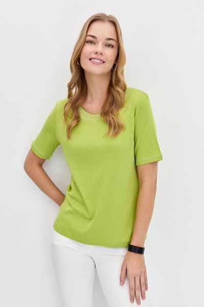 Desen Triko Γυναικείο μπλουζάκι με κέντημα με γιακά O Neck F.Green