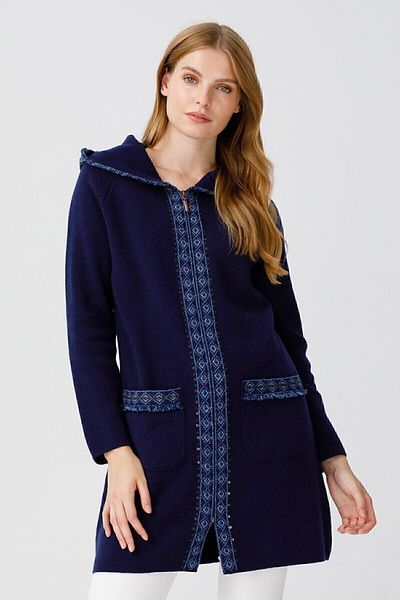 Desen Triko Women's Zippered Hooded Long Coat Light Navy Blue