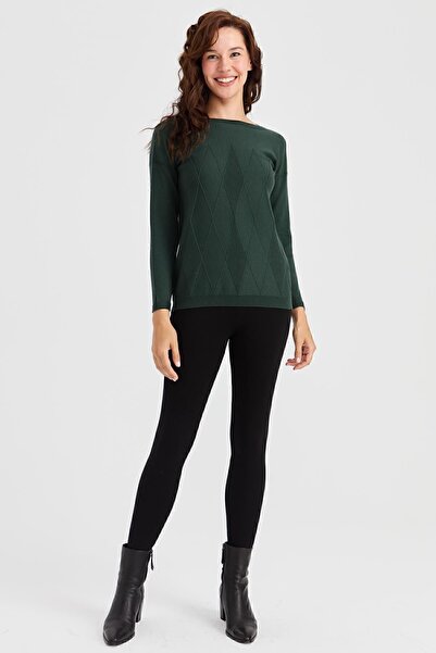 Desen Triko Γυναικείο πλεκτό πουλόβερ με λαιμόκοψη μπροστά με διαμάντια πράσινο