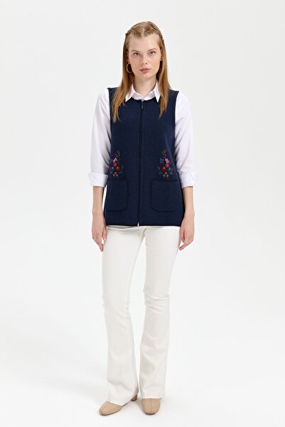 Desen Triko Women's Short Wool Vest - Zero Collar, Pocket Top Embroidered, Dark Navy
