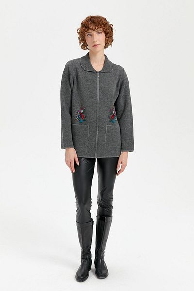 Desen Triko Smoked Women's Polo Collar Embroidered Short Wool Cardigan