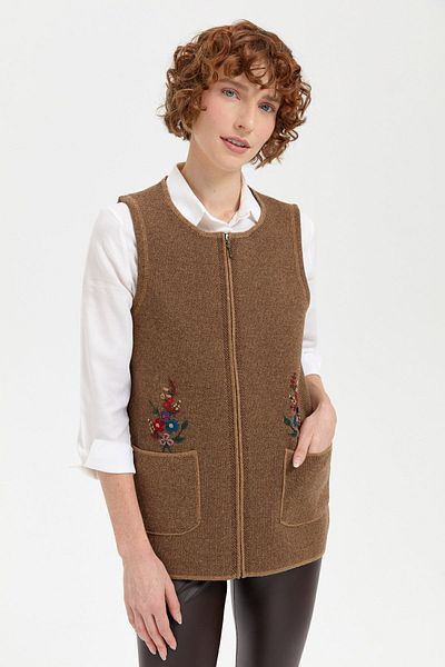 Desen Triko V.camel Women's Wool Vest - Null Collar and Embroidered Pocket Top