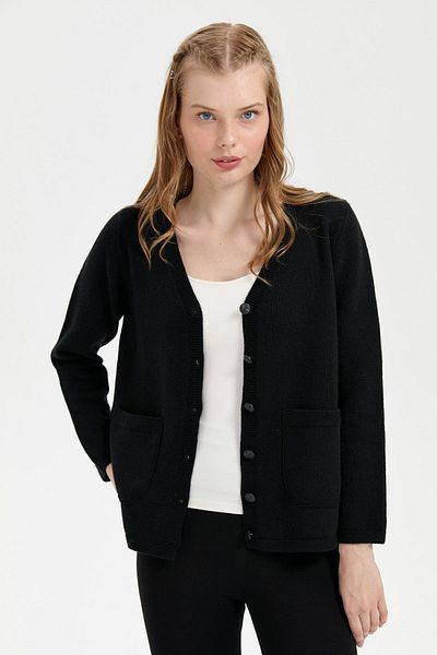 Desen Triko Black V-neck Basic Women's Wool Cardigan