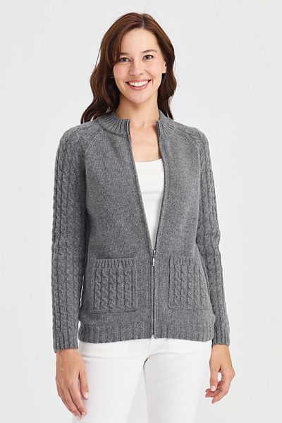 Desen Triko Women's High Collar Pocket and Sleeve Hair Knitted Wool Cardigan Smoked