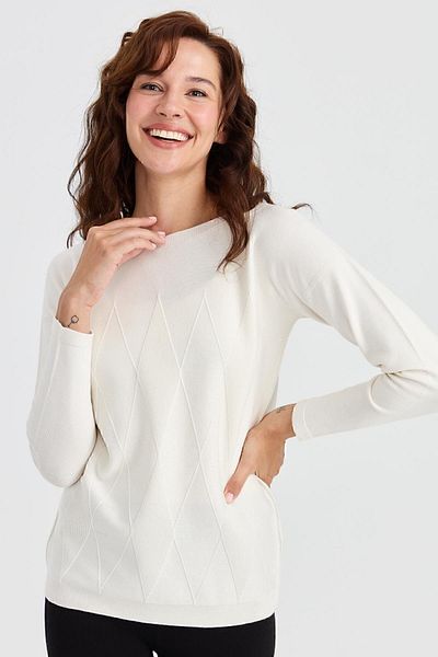 Desen Triko Pulover din tricot cu diamante pentru damă, cu gât în față, os