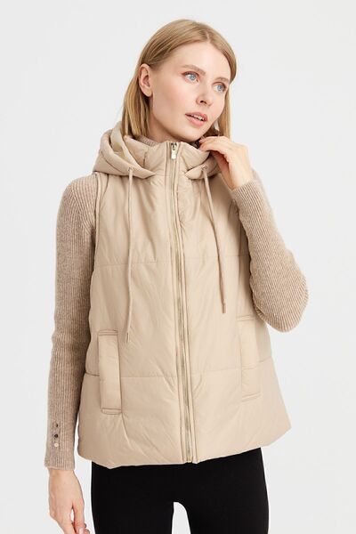 Desen Triko Жіночий короткий утеплений жилет з капюшоном, екрю