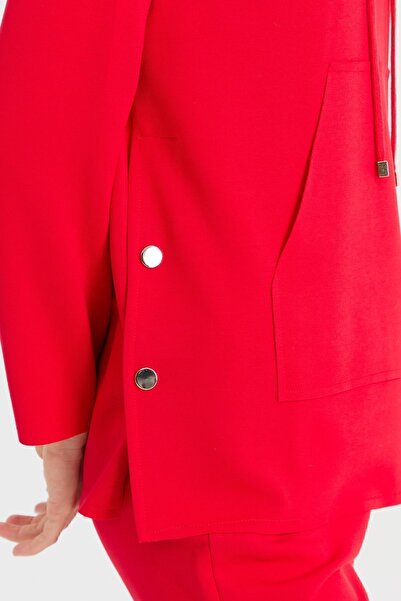 Desen Triko Women's Hooded Sweat with Side Snap Pockets Red