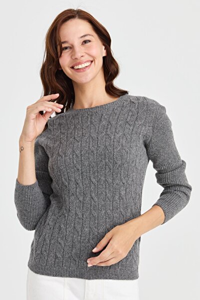 Desen Triko Women's Crew Neck Front Loose Wool Sweater Smoked