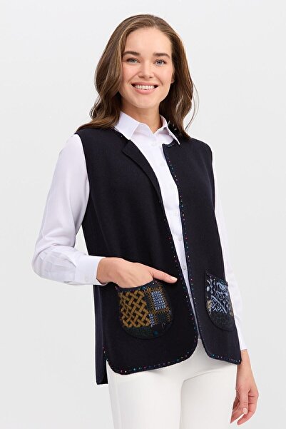 Desen Triko Women's Crew Neck Water Stone Bead Embroidered Short Vest Dark Blue