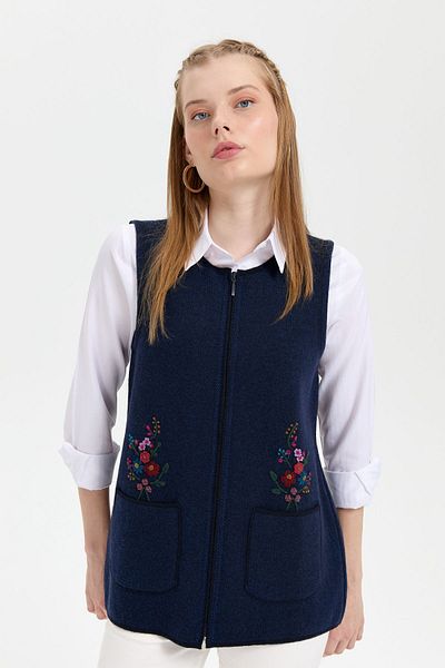 Desen Triko Vestă scurtă de lână pentru femei - decolteu, buzunar brodat, K.Navy