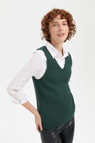 Desen Triko Green V-neck Seamless Women's Sweater
