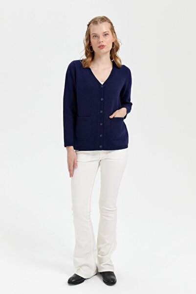 Desen Triko Navy Blue V-neck Basic Women's Wool Cardigan - Y.a