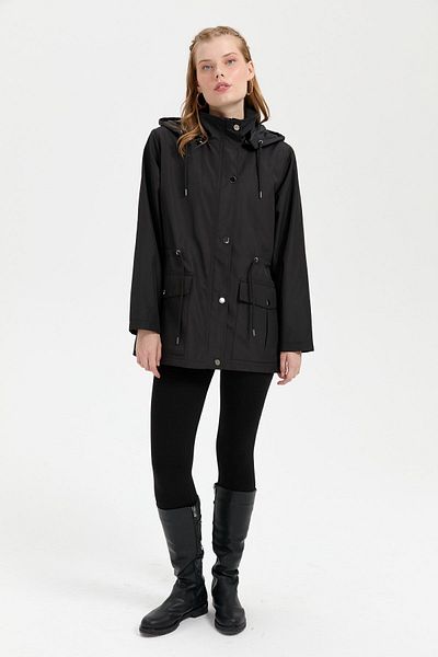 Desen Triko Women's Black Trench Coat - Hooded, Flap Pocket, Short