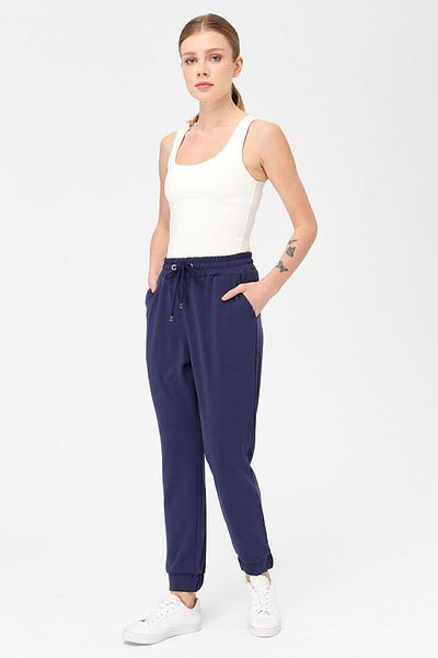 Desen Triko Pantaloni de trening cu picior din spate elastic, cu buzunare, albastru bleumarin