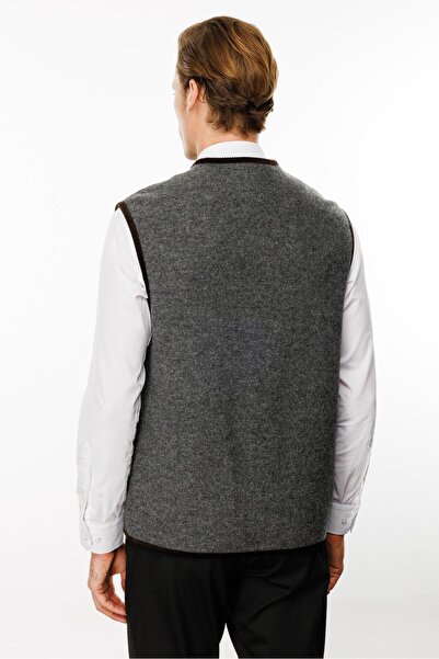 Desen Triko Smoke Colored Men's Wool Vest - V-Neck and Patterned Lining