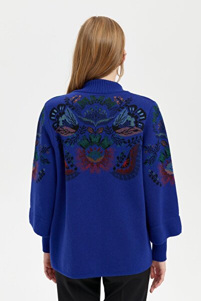 Desen Triko Palton de lână pentru femei cu guler în picioare cu imprimeu floral colorat - K.S.Blue