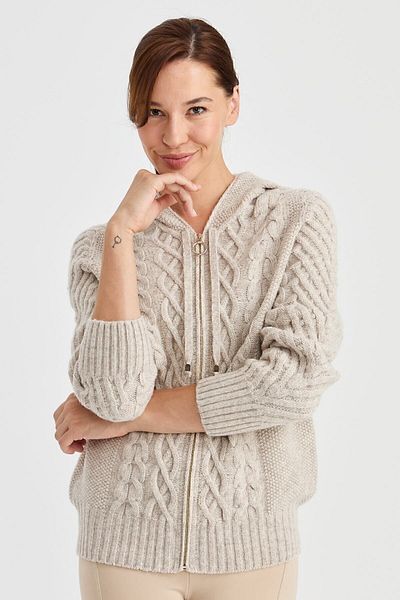Desen Triko Women's Hooded Hair Walking Braided Wool Cardigan V.Beige
