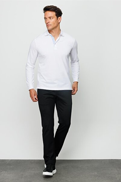 Desen Triko Ανδρικό μακρυμάνικο φούτερ με γιακά πόλο λευκό