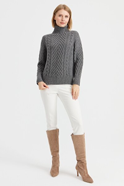 Desen Triko Women's Full Turtleneck Hair Execution Braided Wool Sweater Smoked