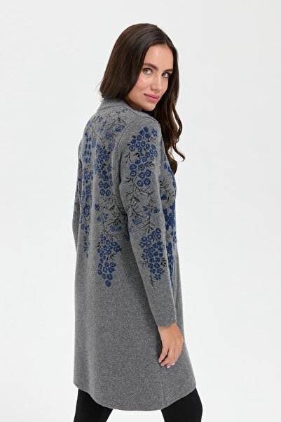 Desen Triko Women's Long Wool Cardigan with Smoke Color - Stand Collar and Floral Print