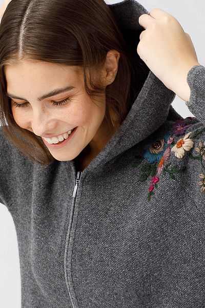 Desen Triko Women's Reglan Sleeve Embroidered Hooded Long Coat Smoked