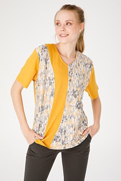 Desen Triko Жіноча блуза з V-подібним вирізом, коротким рукавом та квітковим ...