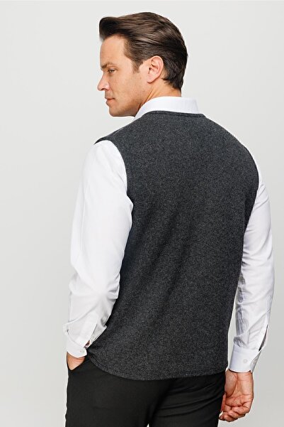 Desen Triko Men's V-Neck Front Checked Vest Dark Gray