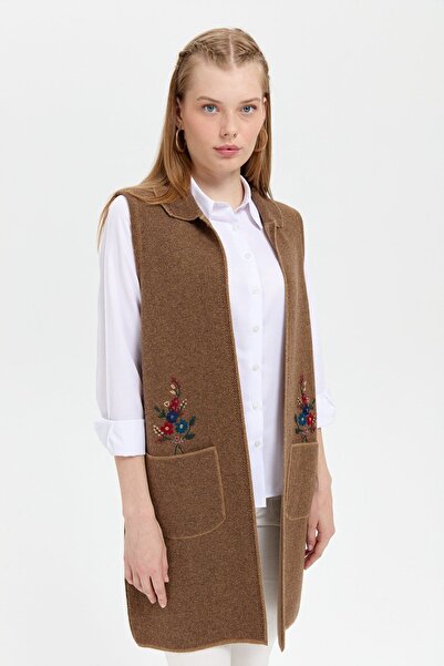 Desen Triko Women's Polo Neck Open Front Embroidered Long Wool Vest V.Camel