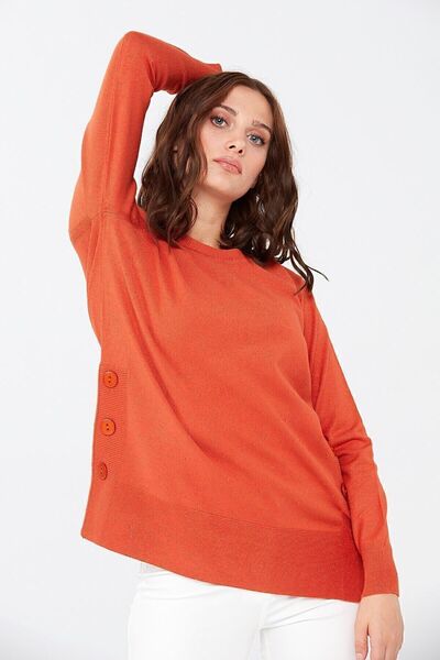 Desen Triko Γυναικεία Πλαϊνά και Φούστα με Κουμπιά Glitter Πουλόβερ Πορτοκαλί