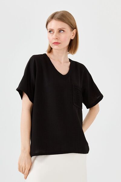 Desen Triko Women's V-Neck Pocket Mesh Linen T-shirt Black