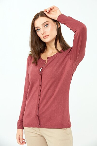 Desen Triko Women's Lycra Basic Long Sleeve Crew Neck Cardigan Dusty Rose