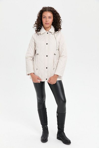 Desen Triko Stone Colored Hooded Women's Quilted Coat - Waist Lace Up