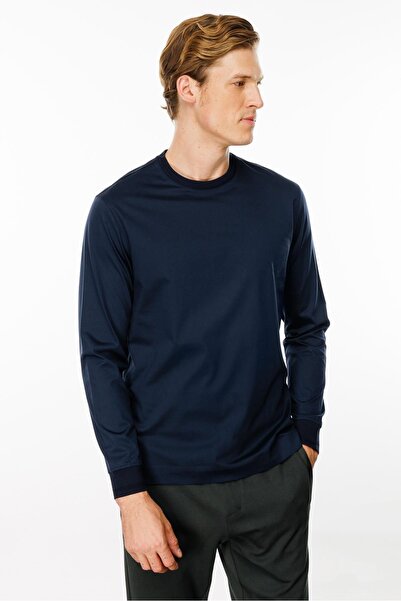 Desen Triko Navy Blue Men's T-Shirt - Crew Neck, Basic, Long Sleeve, Cotton