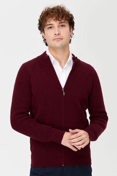 Desen Triko Men's Judge Collar Knitwear Wool Jacket Claret Red