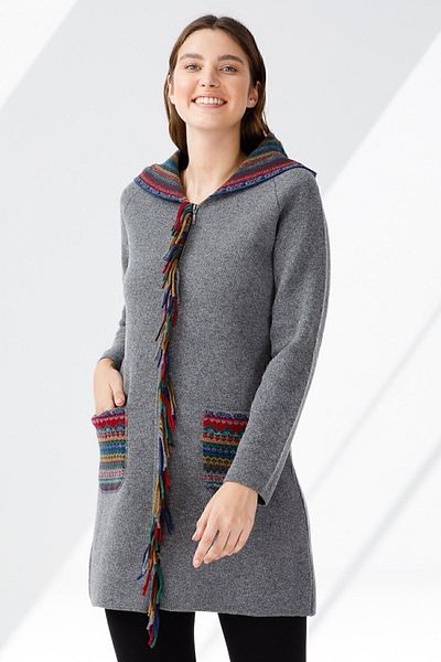 Desen Triko Women's Long Cardigan with Smoke Color - Front Tassels and Hood