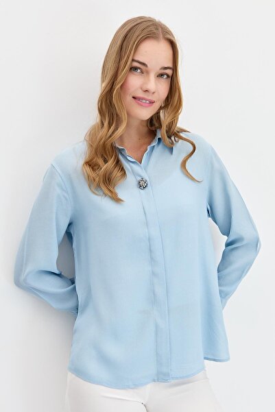Desen Triko Kadın Önü Broşlu Maroken Uzun Kollu Gömlek B.mavi