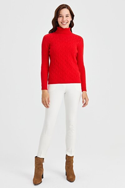 Desen Triko Women's Full Turtleneck Front Loose Wool Sweater Coral