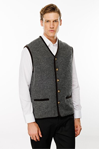 Desen Triko Smoke Colored Men's Wool Vest - V-Neck and Patterned Lining