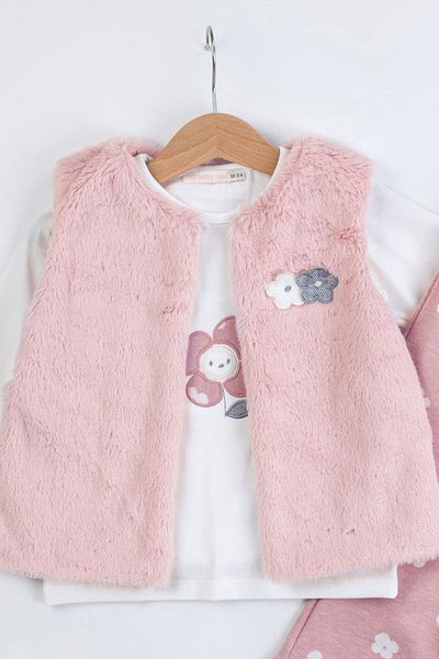 Baby Rose Daisy Patterned Plush Vest and Leggings Set for Girls - Set of 3