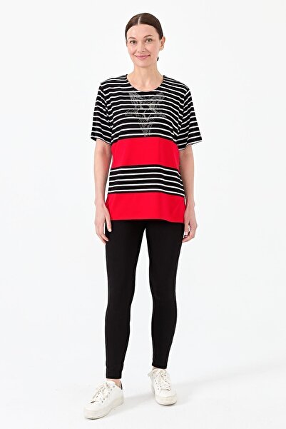 Desen Triko Γυναικείο μπλουζάκι με λαιμόκοψη με πέτρες μπροστά, χτενισμένο βαμβακερό μαύρο