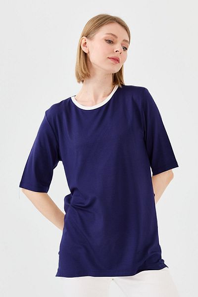 Desen Triko Tricou de damă din bumbac pieptănat cu decolteu în formă de O, bleumarin
