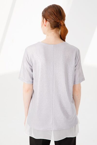 Desen Triko Γυναικεία μπλούζα με κοντό μανίκι σιφόν γυαλιστερό ύφασμα ασημί