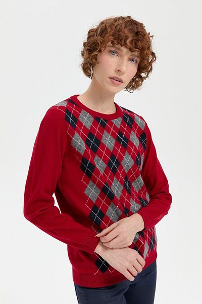 Desen Triko Red Women's Wool Sweater - Null Collar, Diamond Pattern