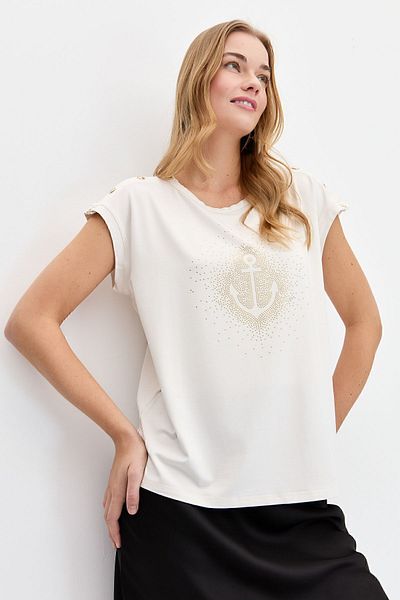 Desen Triko Tricou de damă cu guler zero cu ancoră, cu bijuterii, ecru