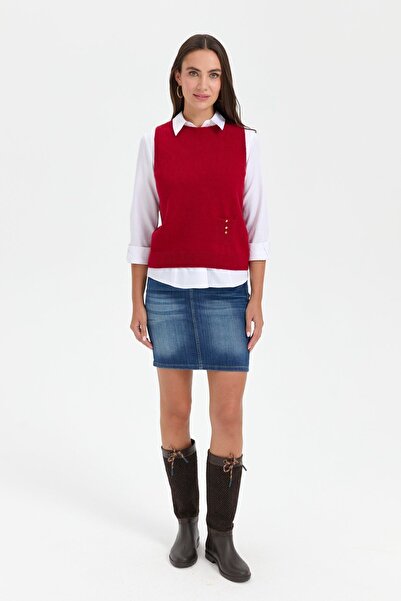 Desen Triko Kadın Sıfır Yaka Dikişsiz Cepli Yün Süveter K.Kırmızı