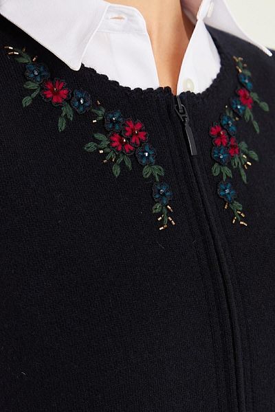 Desen Triko Women's Zero Collar Lace Embroidered Wool Vest Dark Blue