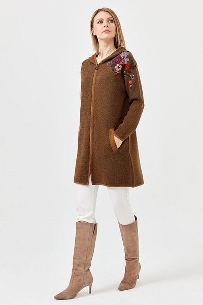 Desen Triko Cardigan lung de lână pentru femei cu glugă cu detaliu de broderie - K.taba