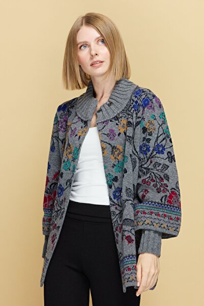 Desen Triko Γυναικείο Stand Collar Ivy Floral Μάλλινο Μπουφάν Καπνιστό