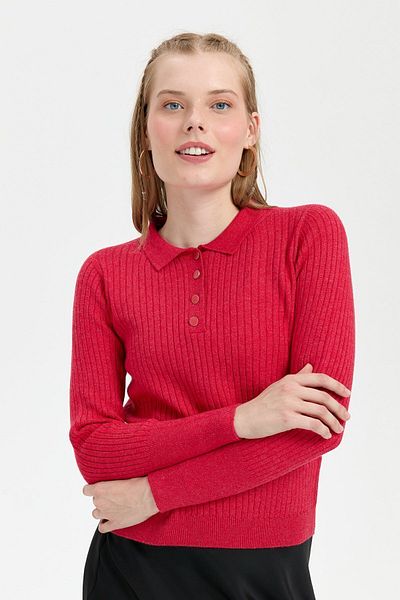 Desen Triko Red Women's Polo Collar Seamless Sweater